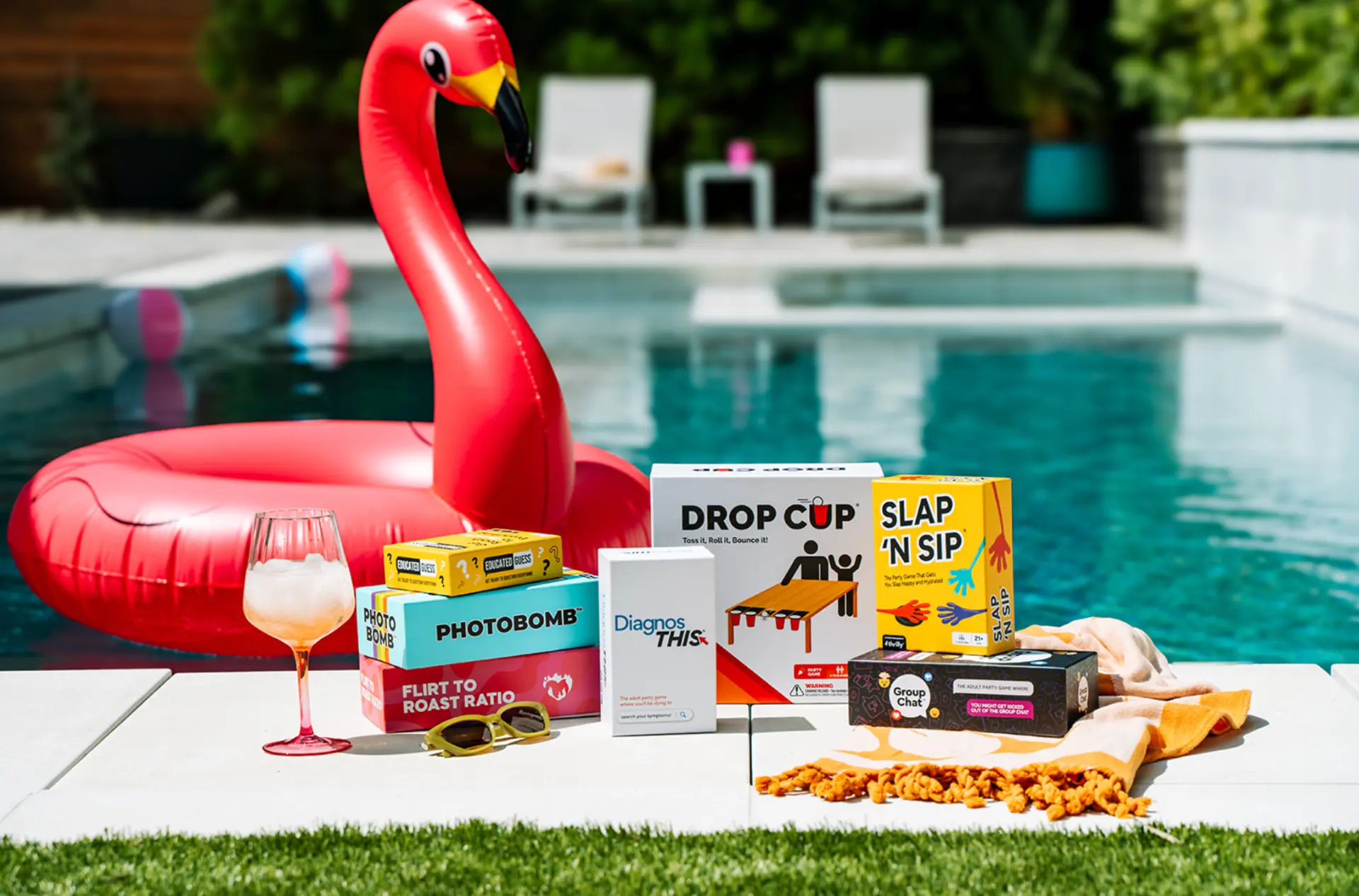 Thrilly party games — Drop Cup, Slap N Sip, Photobomb, Educated Guess and more — arranged poolside